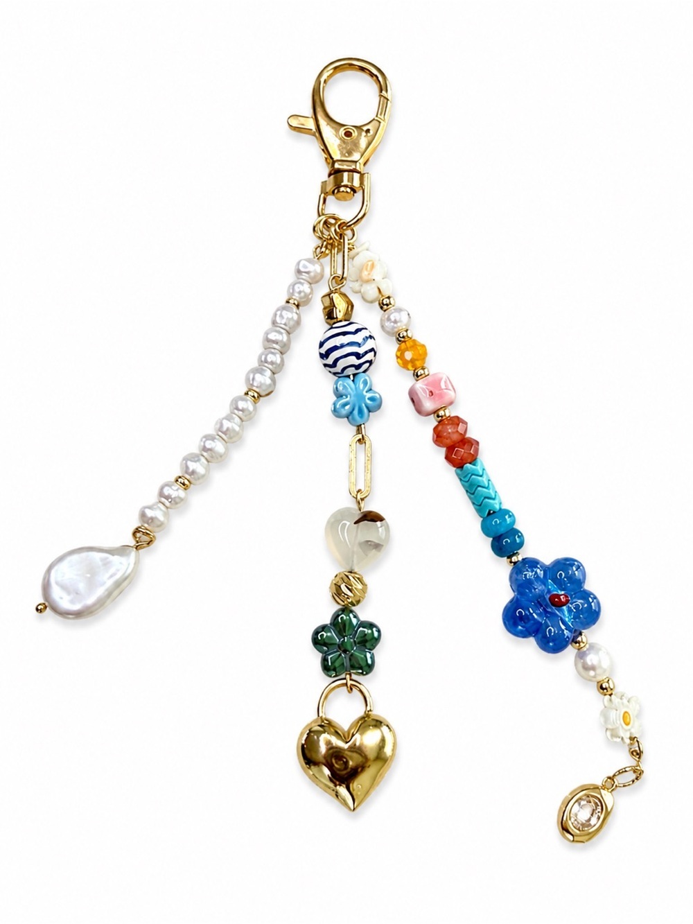 Coastal Beaded Bag Charm Keychain | Pearl, Heart & Floral Charms